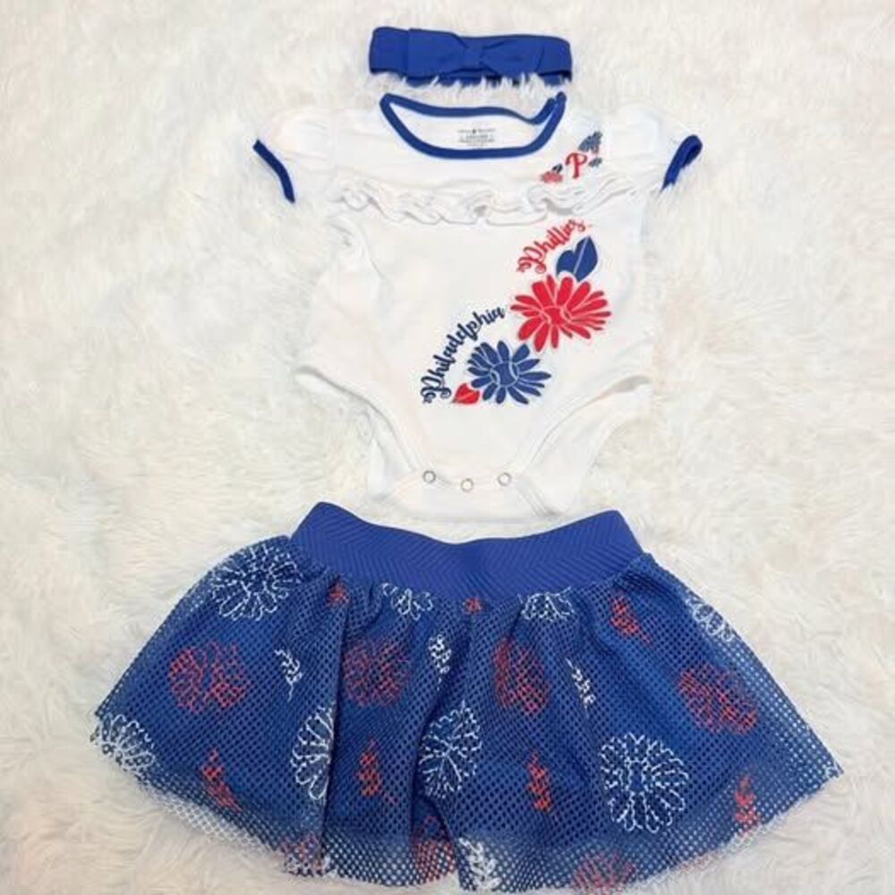 Phillies Baby Girl Outfit 12M Game Day Set Onesie Skirt Headband